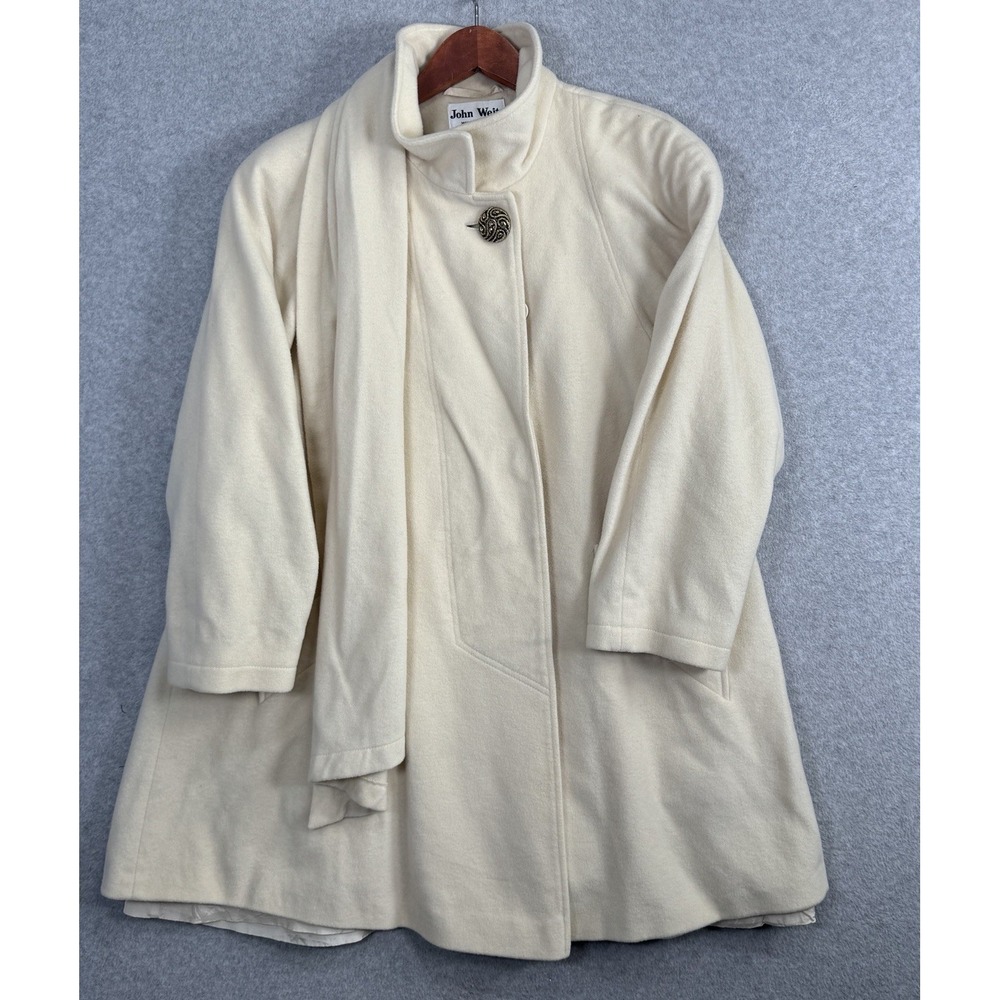 VTG John Weitz Cream Wool‎ Cashmere Coat 6 Built-In Scarf Button Detail Poland